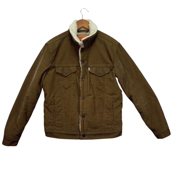 Men's Levi Strauss Corduroy Sherpa Lined Button Up Truckers Winter Tan Jacket M - Picture 1 of 6
